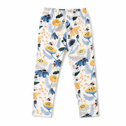 Front flat lay of the ivory floral girls cotton pull-on pants.