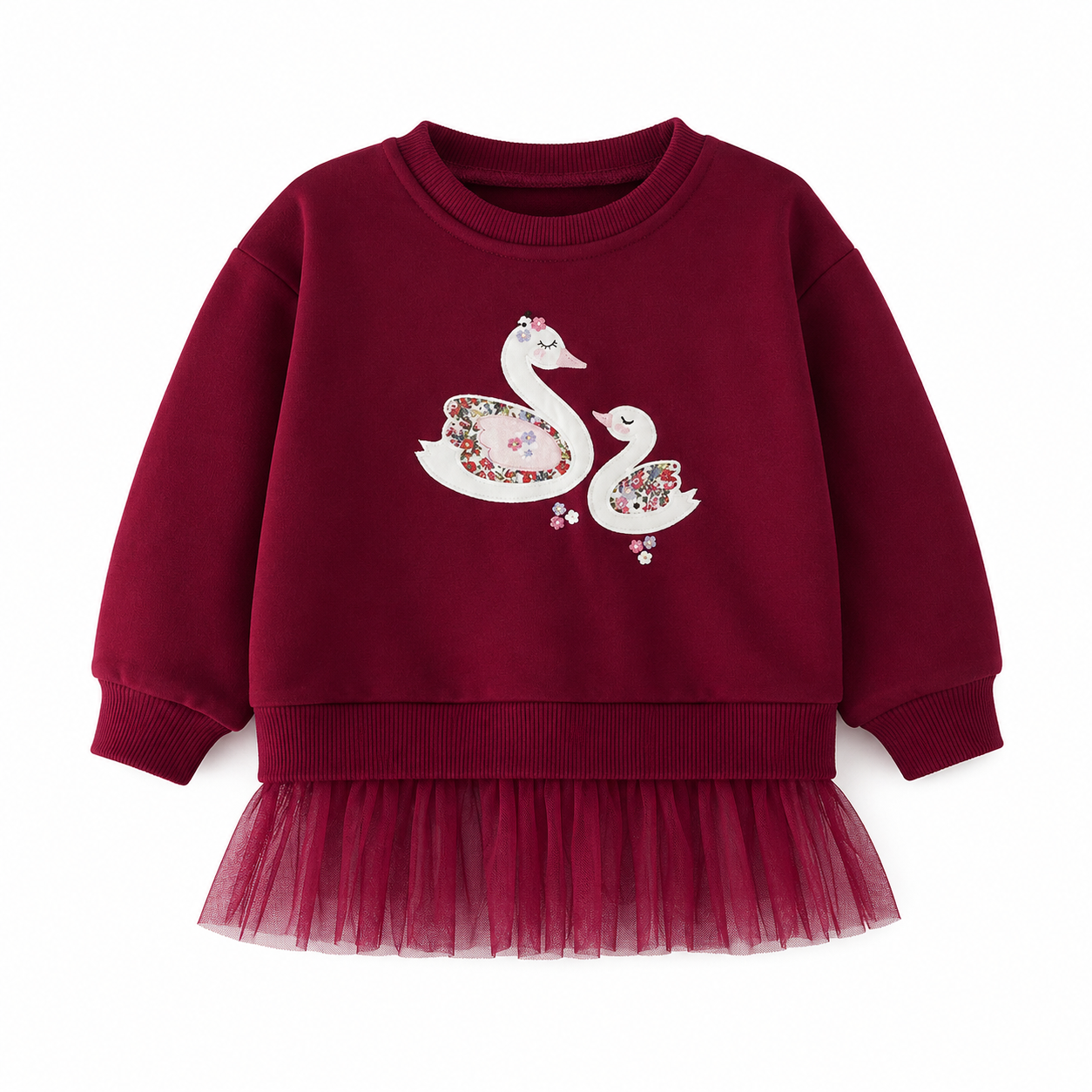 Front flat lay of the burgundy girls swan tulle hem sweatshirt.