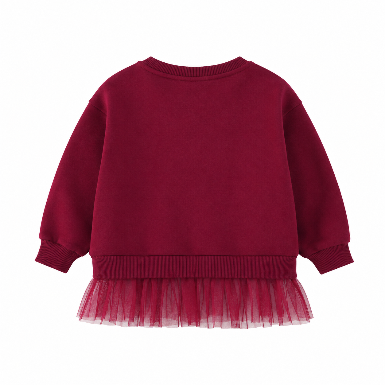 Back flat lay of the burgundy girls sweatshirt with tulle hem.