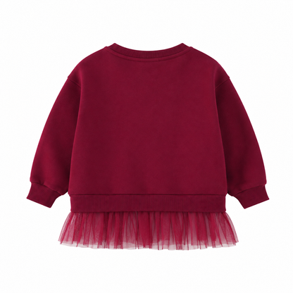 Back flat lay of the burgundy girls sweatshirt with tulle hem.