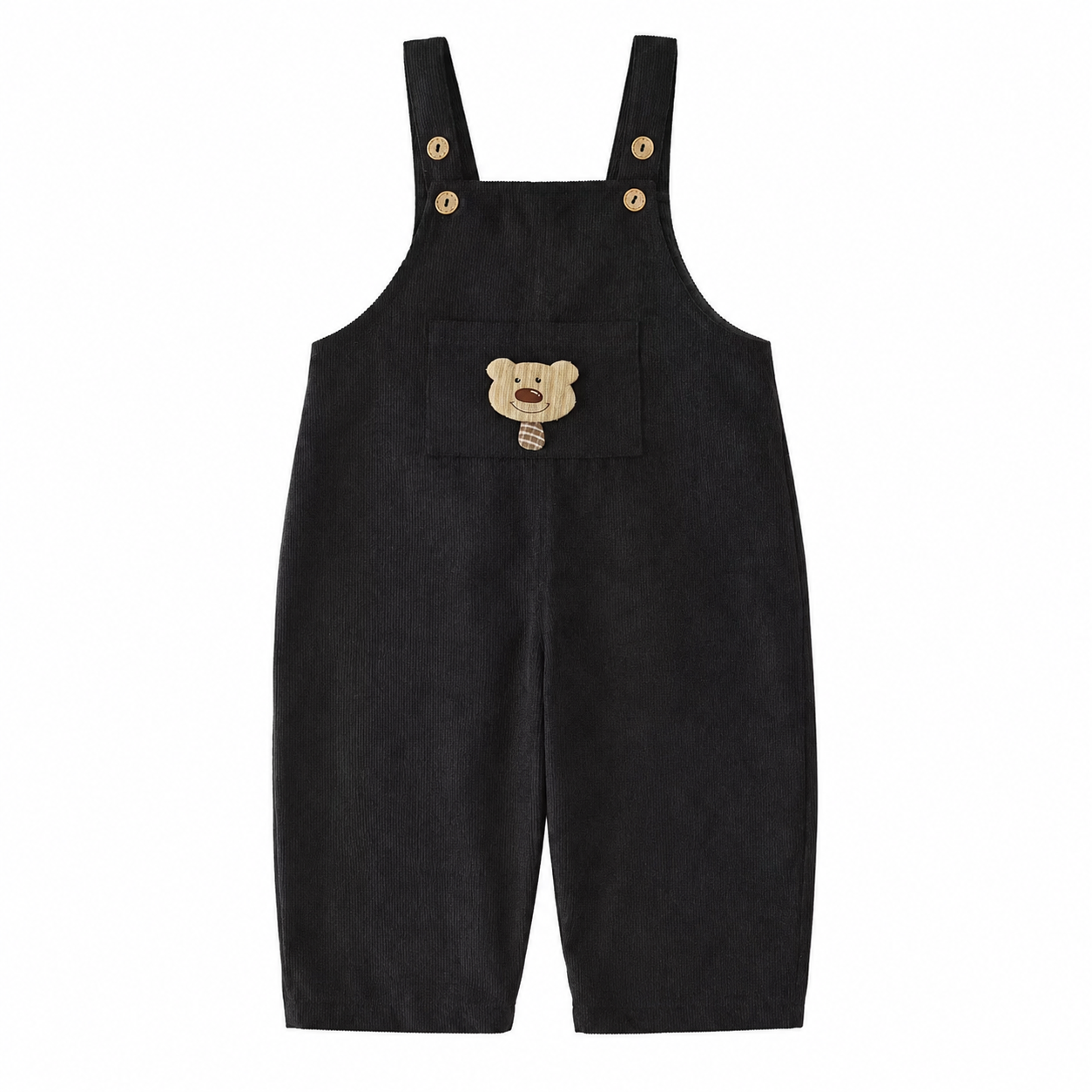 Front flat lay of the black kids corduroy bib overalls with bear pocket detail.