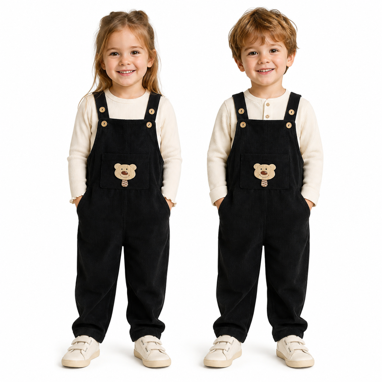Girl and boy child models wearing the black kids corduroy bib overalls.