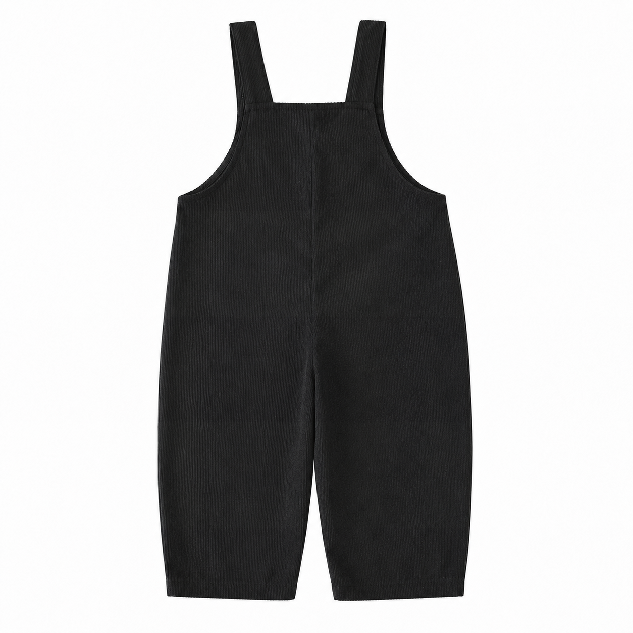 Back flat lay of the black kids corduroy bib overalls.