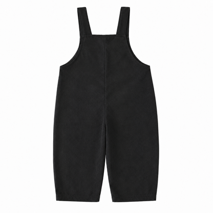Back flat lay of the black kids corduroy bib overalls.