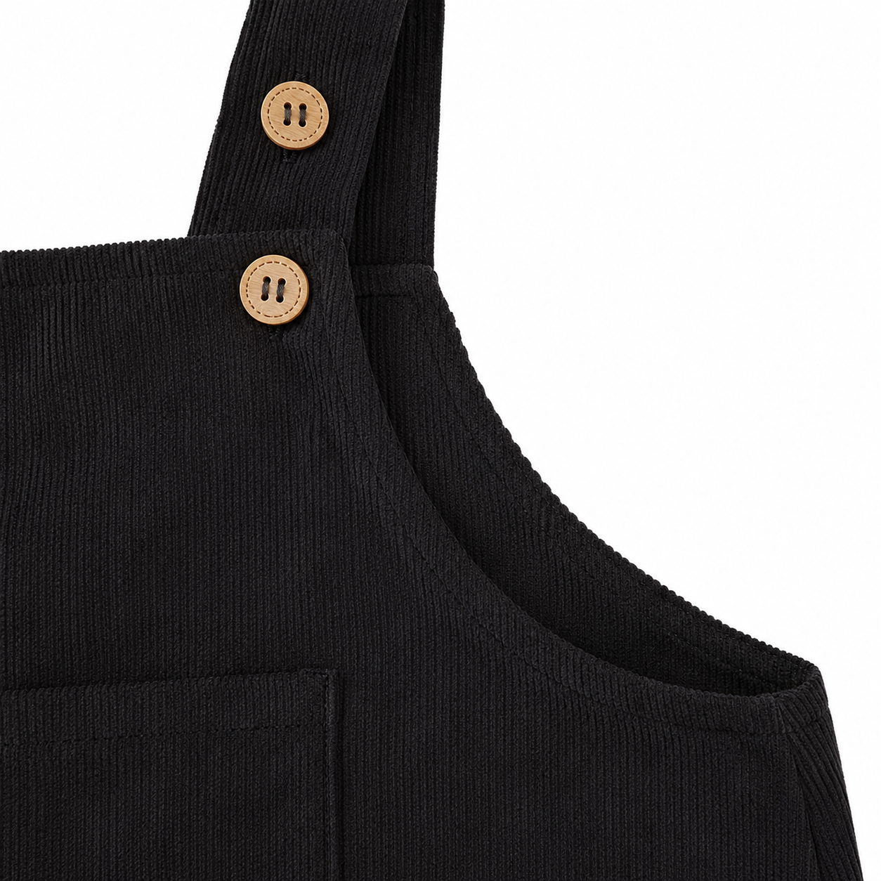 Close-up of the upper bib and side seam detail on the black overalls.