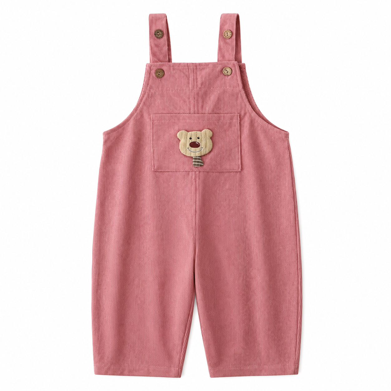 Front flat lay of the dusty rose kids corduroy bib overalls with bear pocket detail.
