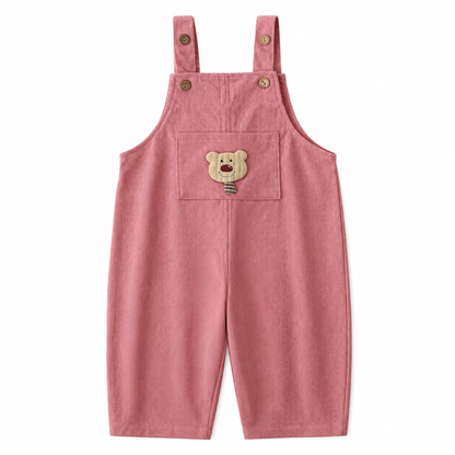 Front flat lay of the dusty rose kids corduroy bib overalls with bear pocket detail.