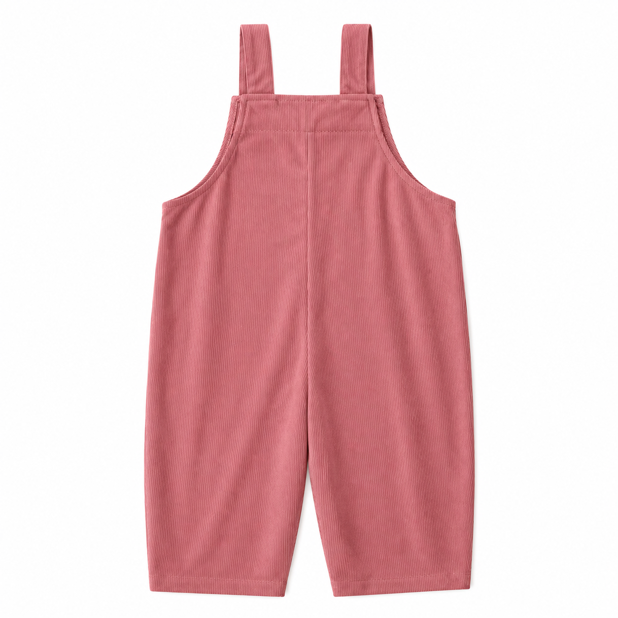 Back flat lay of the dusty rose kids corduroy bib overalls.