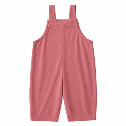 Back flat lay of the dusty rose kids corduroy bib overalls.