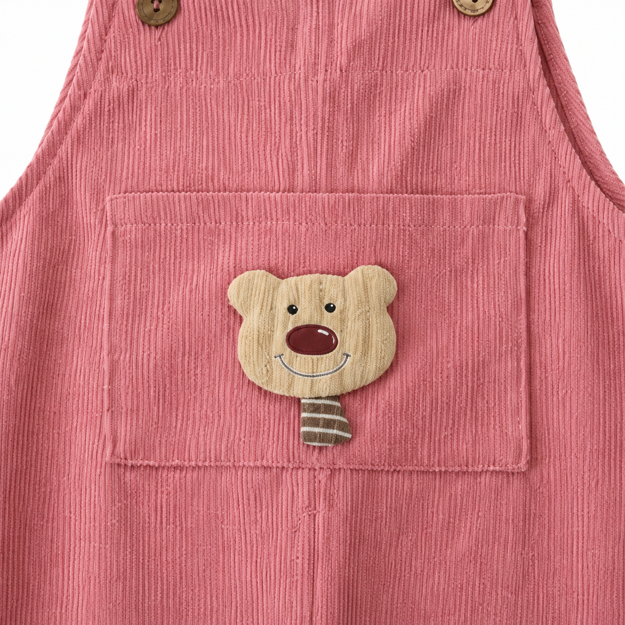 Close-up of the bear applique pocket on the dusty rose corduroy overalls.