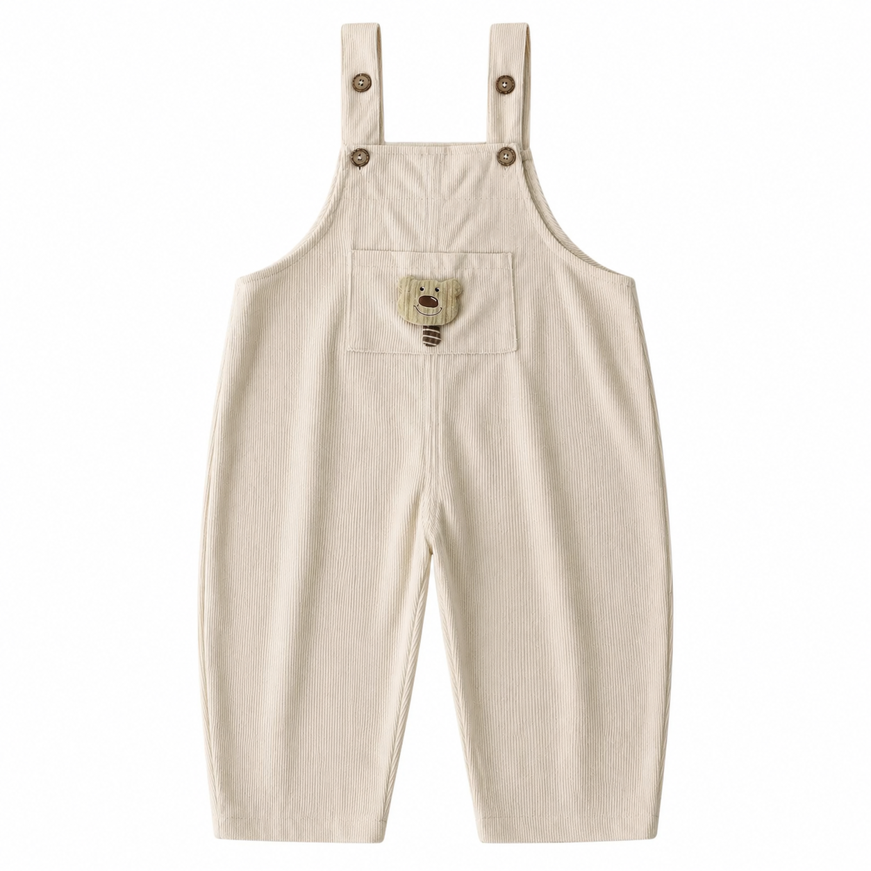 Front flat lay of the ivory kids corduroy bib overalls with bear pocket detail.