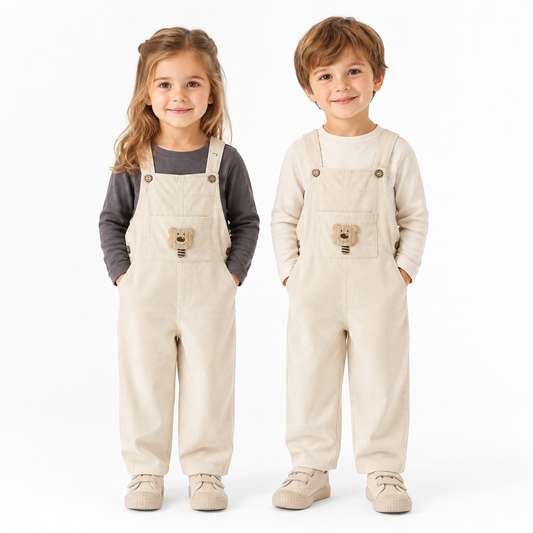 Girl and boy child models wearing the ivory kids corduroy bib overalls.