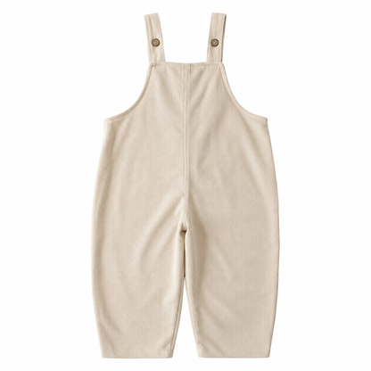 Back flat lay of the ivory kids corduroy bib overalls.