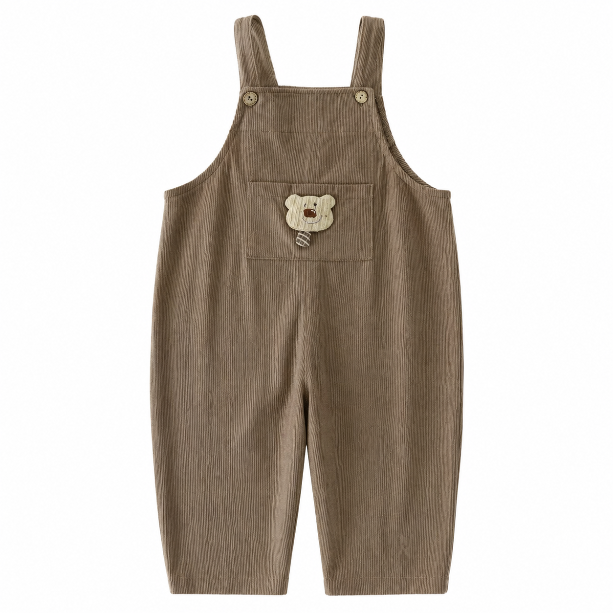 Front flat lay of the taupe kids corduroy bib overalls with bear pocket detail.