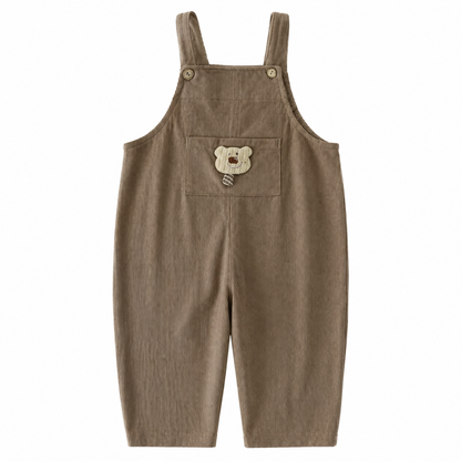 Front flat lay of the taupe kids corduroy bib overalls with bear pocket detail.