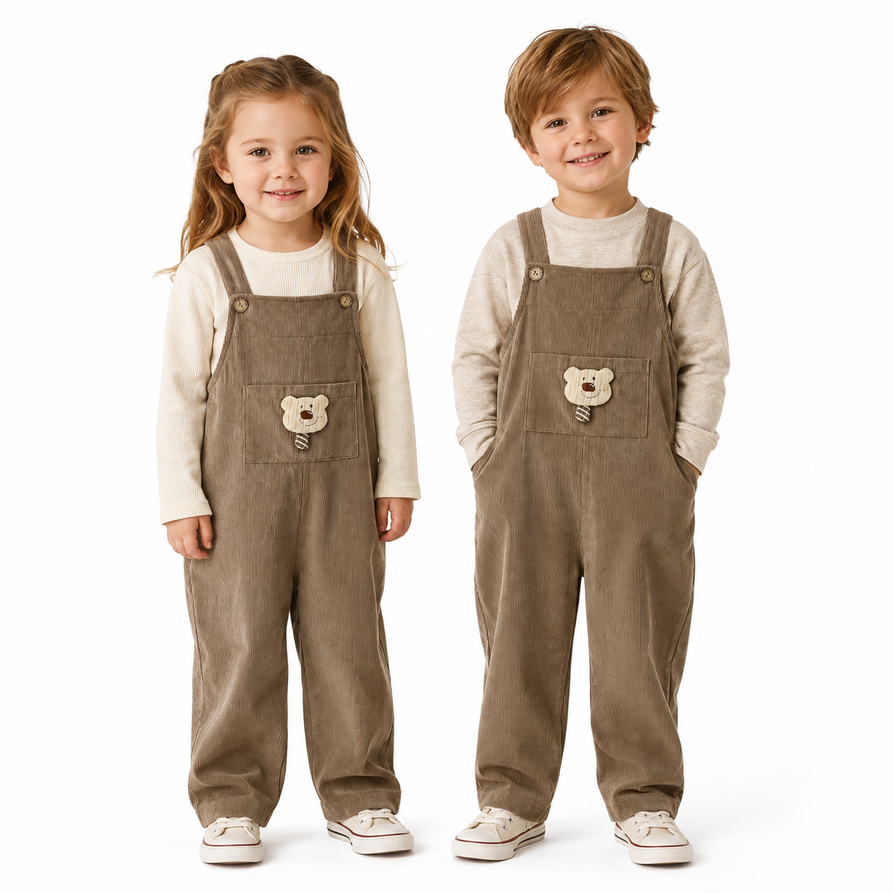 Girl and boy child models wearing the taupe kids corduroy bib overalls.