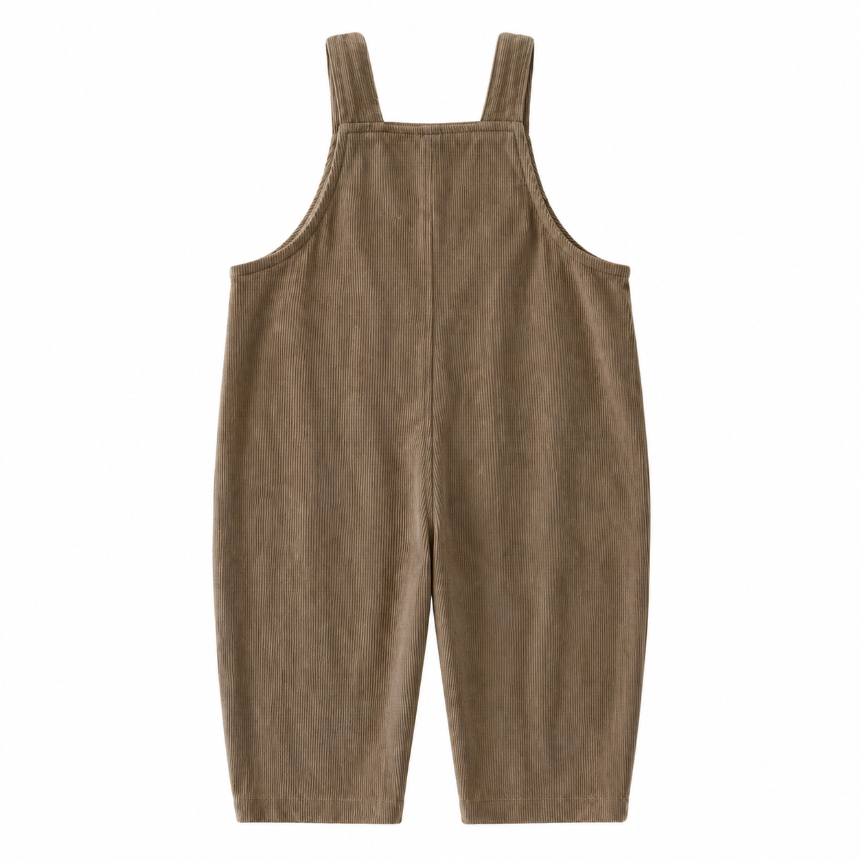 Back flat lay of the taupe kids corduroy bib overalls.
