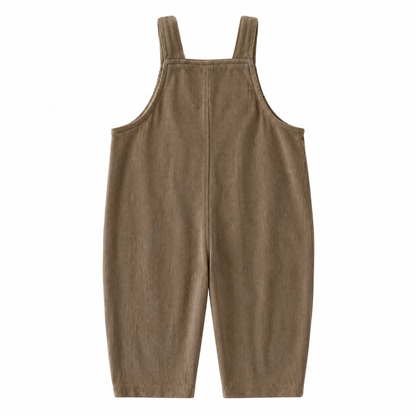 Back flat lay of the taupe kids corduroy bib overalls.