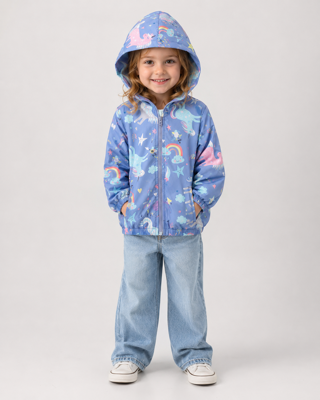 Girl model wearing the blue unicorn waterproof hooded jacket.