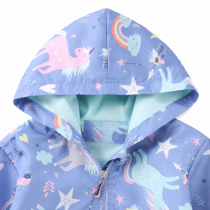 Close-up of the hood and front zipper detail on the blue unicorn jacket.