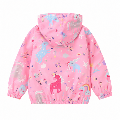 Back flat lay of the pink unicorn girls waterproof hooded jacket.