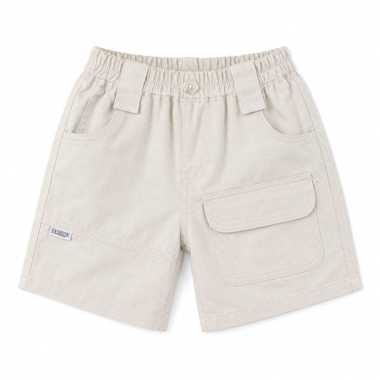 Harbor Trail boys cotton cargo shorts in white, front view with elastic waist and utility pockets