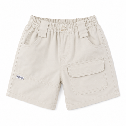 Harbor Trail boys cotton cargo shorts in white, front view with elastic waist and utility pockets