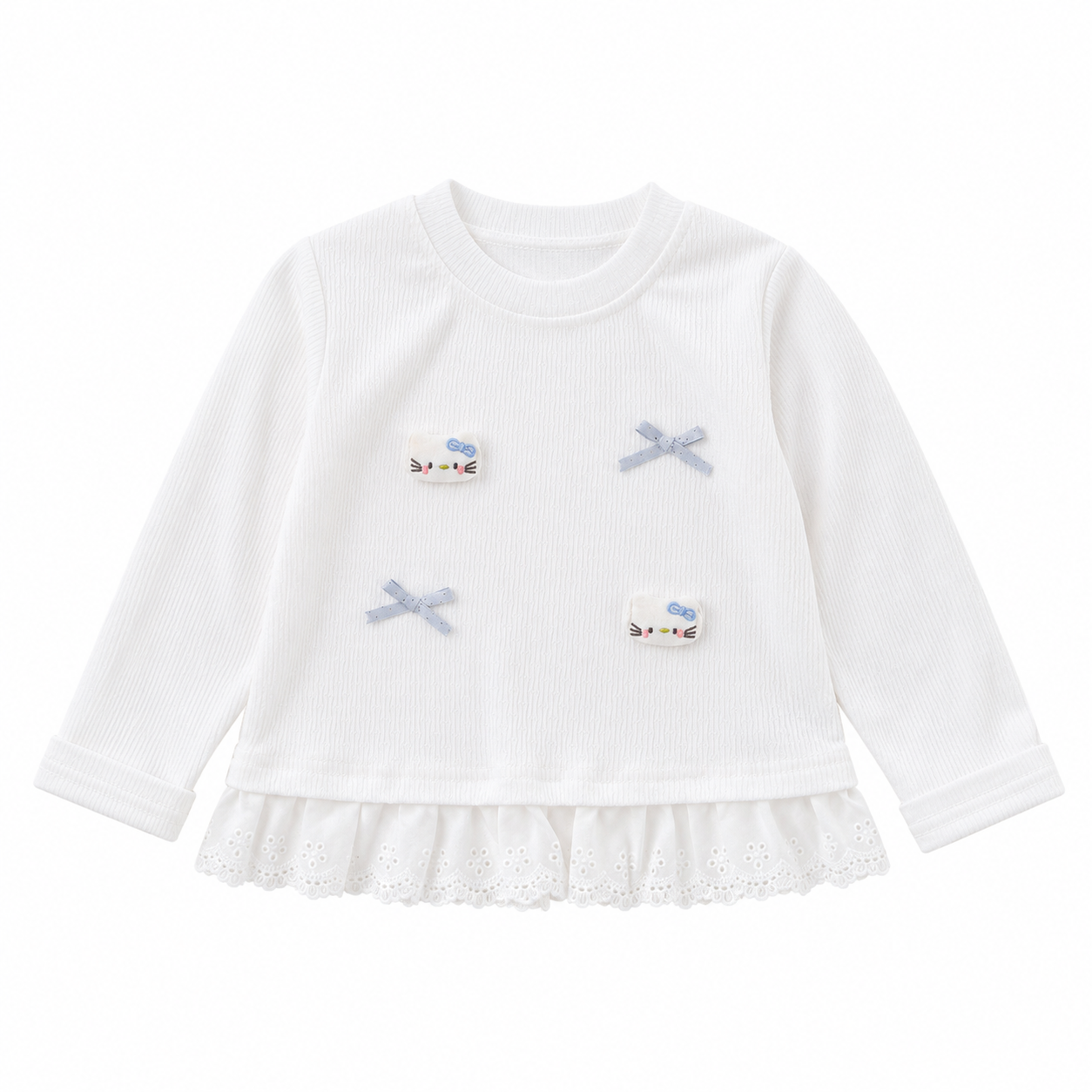 Front flat lay of a white girls cotton ruffle top with long sleeves and bow applique details on a white background.