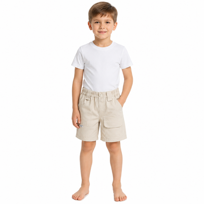 Boy wearing Harbor Trail white cotton cargo shorts with a simple white T-shirt