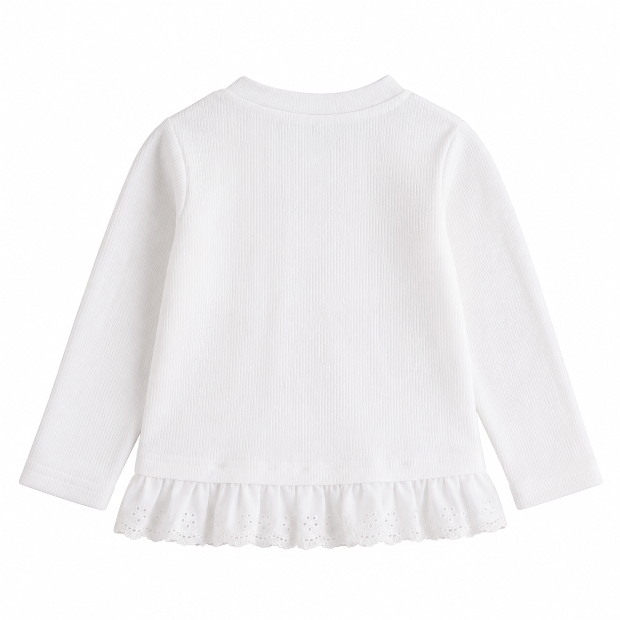 Back flat lay of a white girls long sleeve ruffle top on a white background.