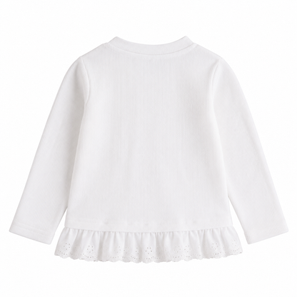 Back flat lay of a white girls long sleeve ruffle top on a white background.