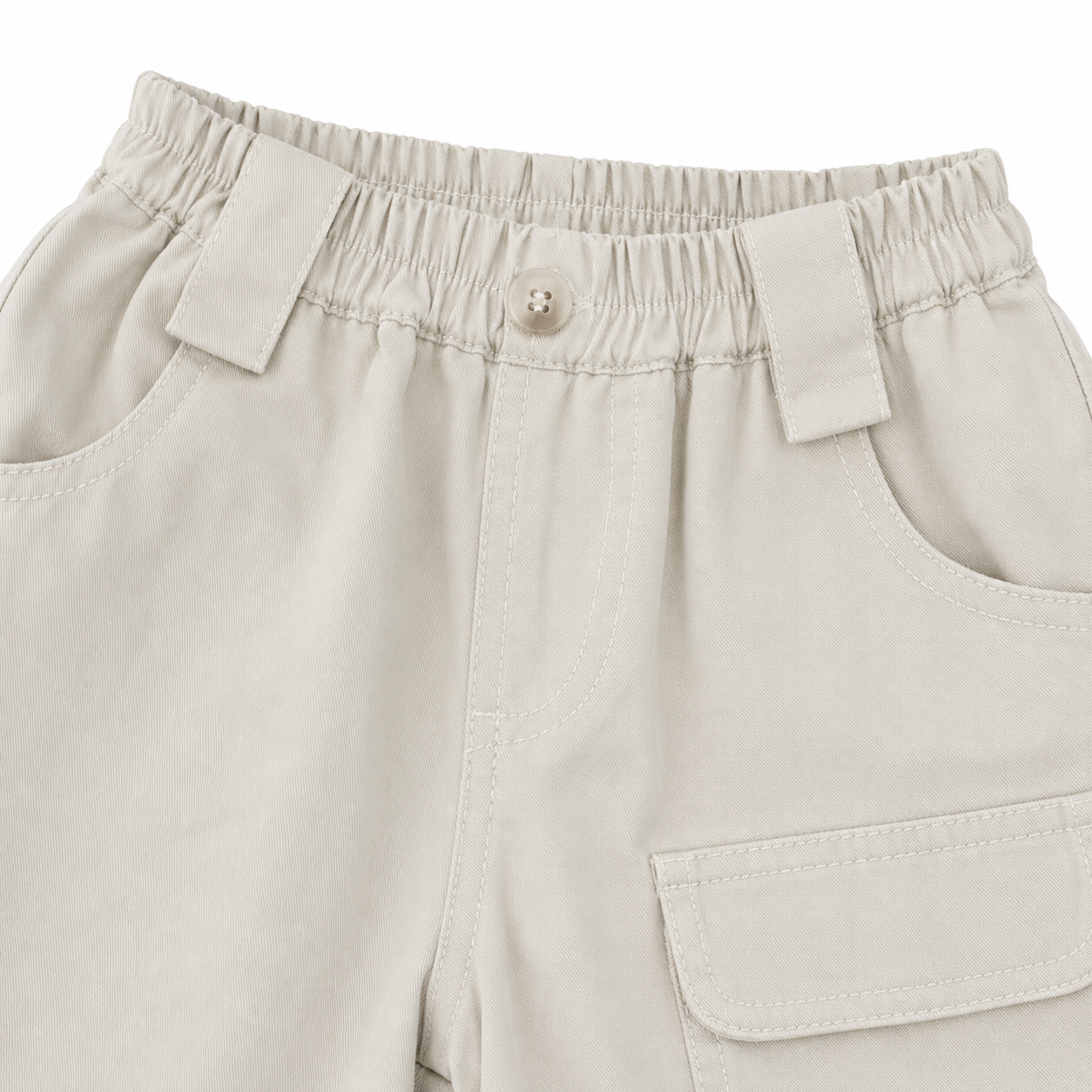 White boys cargo shorts waistband, belt loops and front utility pocket detail