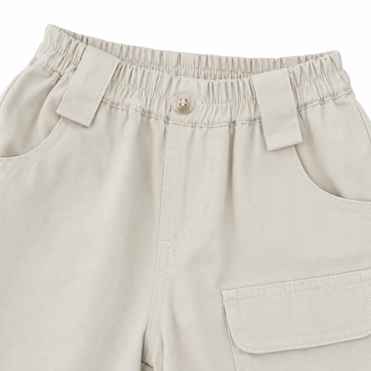 White boys cargo shorts waistband, belt loops and front utility pocket detail