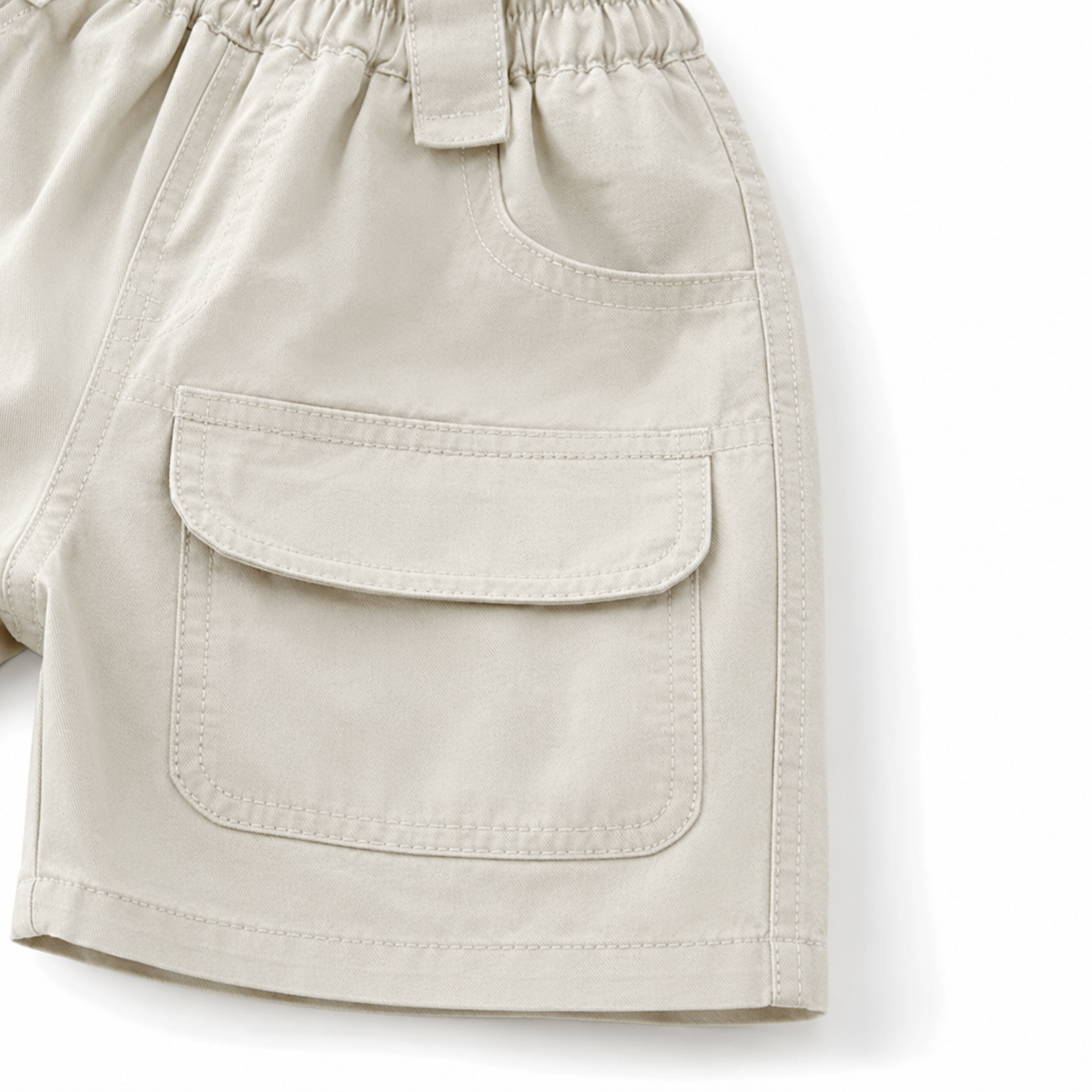 White kids cargo shorts utility pocket and reinforced stitching detail