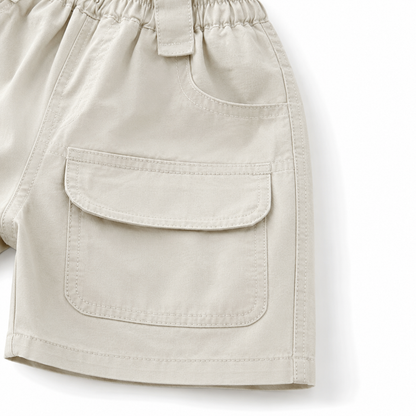 White kids cargo shorts utility pocket and reinforced stitching detail