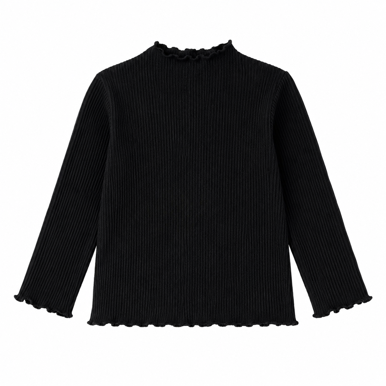 Front flat lay of the black girls ribbed long sleeve top with lettuce-edge trim.