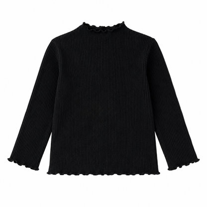 Front flat lay of the black girls ribbed long sleeve top with lettuce-edge trim.