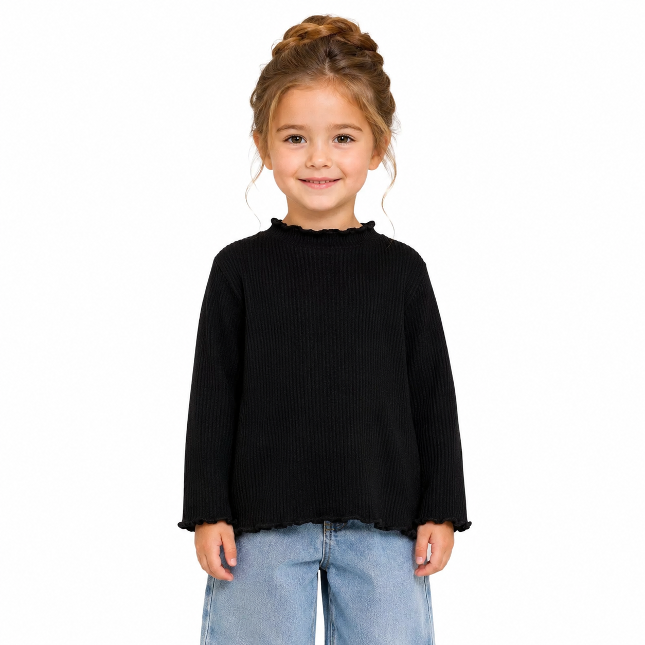 Girl model wearing the black ribbed long sleeve top with lettuce-edge trim.