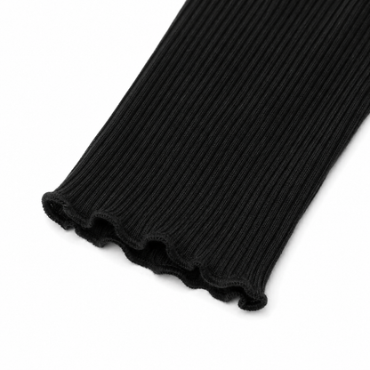 Close-up of the black long sleeve cuff with lettuce-edge finish.