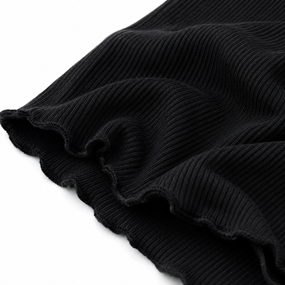 Close-up of the black ribbed fabric texture and finished edge.