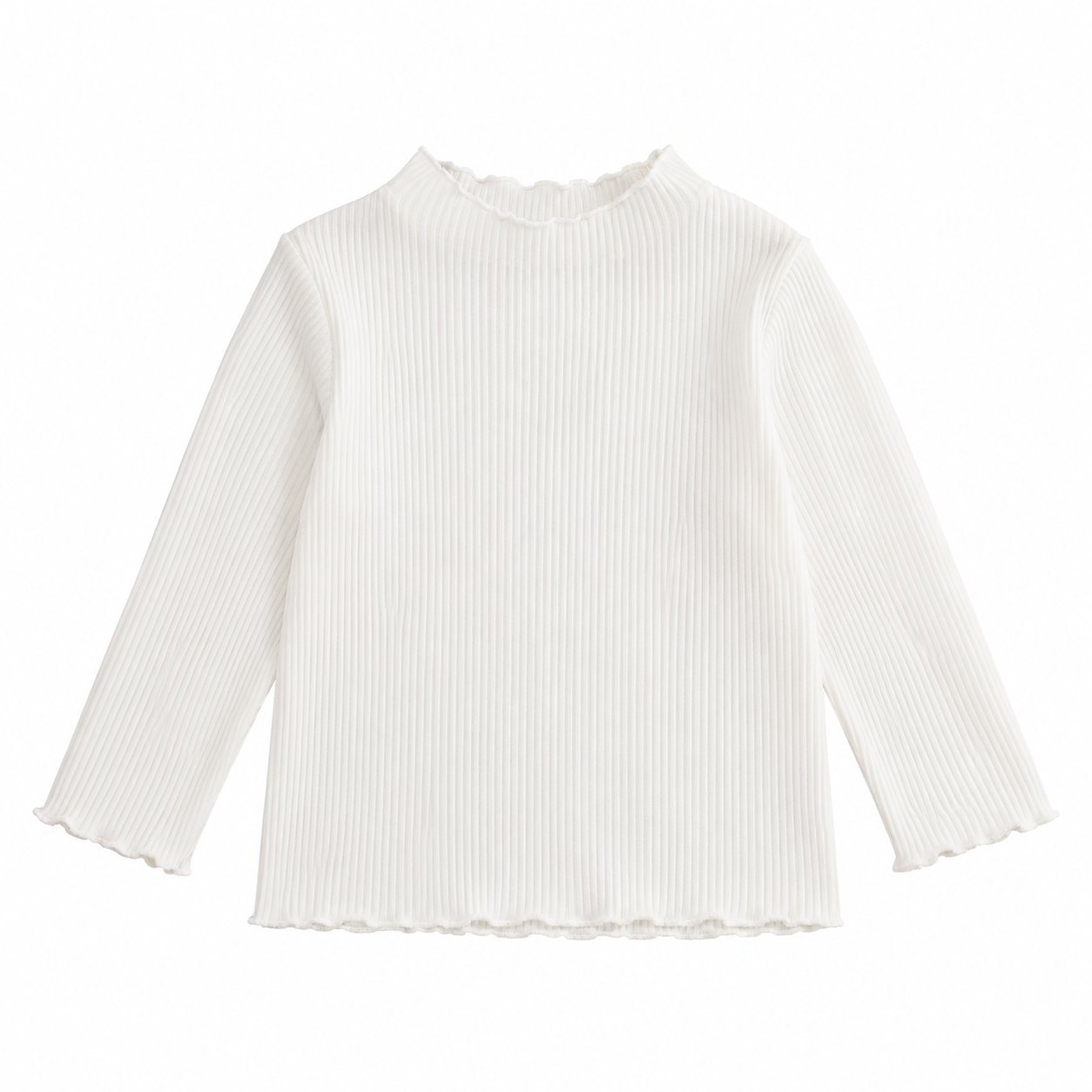 Front flat lay of the ivory girls ribbed long sleeve top with lettuce-edge trim.