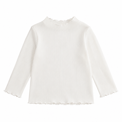 Front flat lay of the ivory girls ribbed long sleeve top with lettuce-edge trim.
