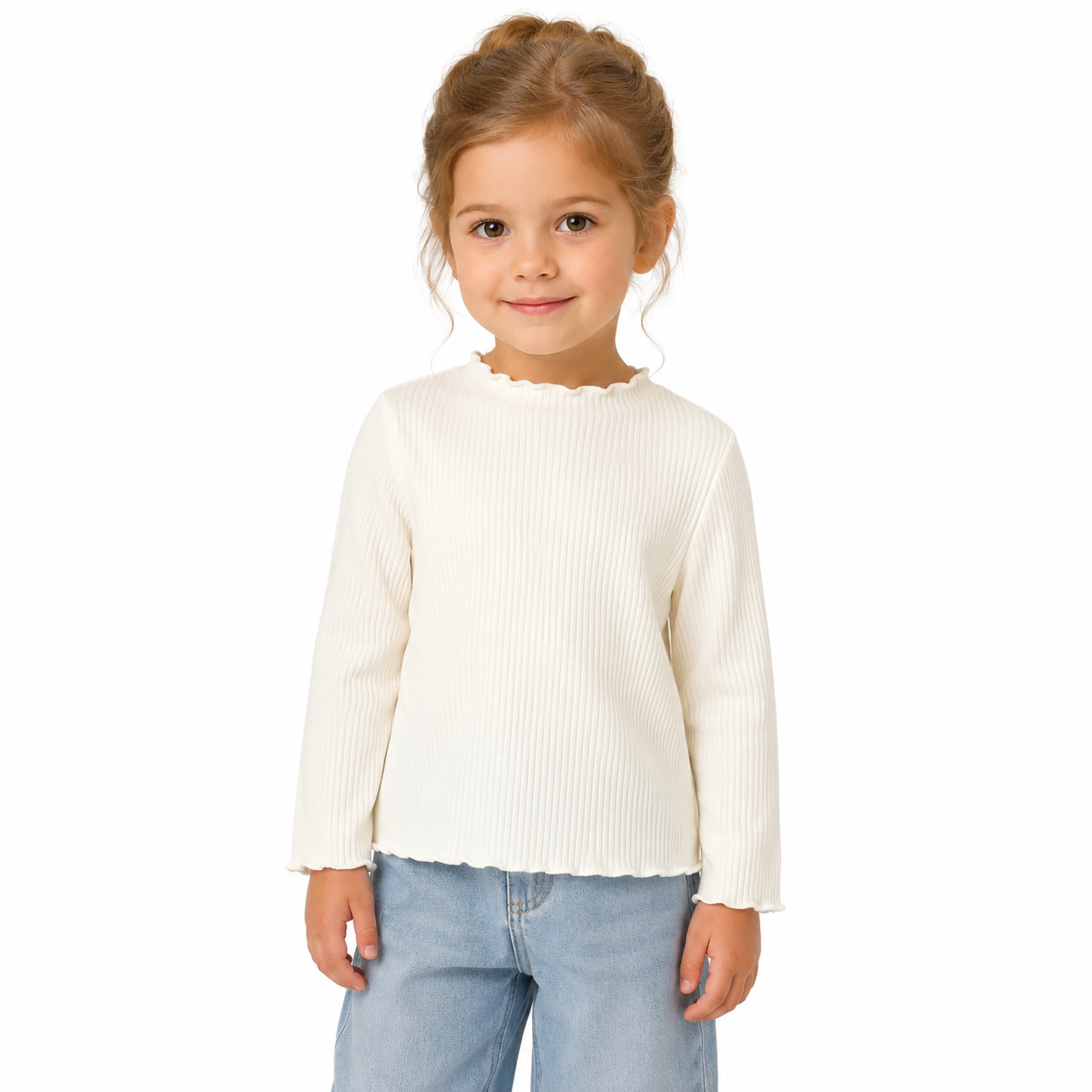 Girl model wearing the ivory ribbed long sleeve top with lettuce-edge trim.