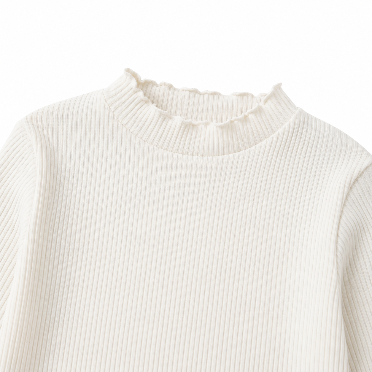 Close-up of the ivory ruffle-edge neckline and vertical ribbed texture.