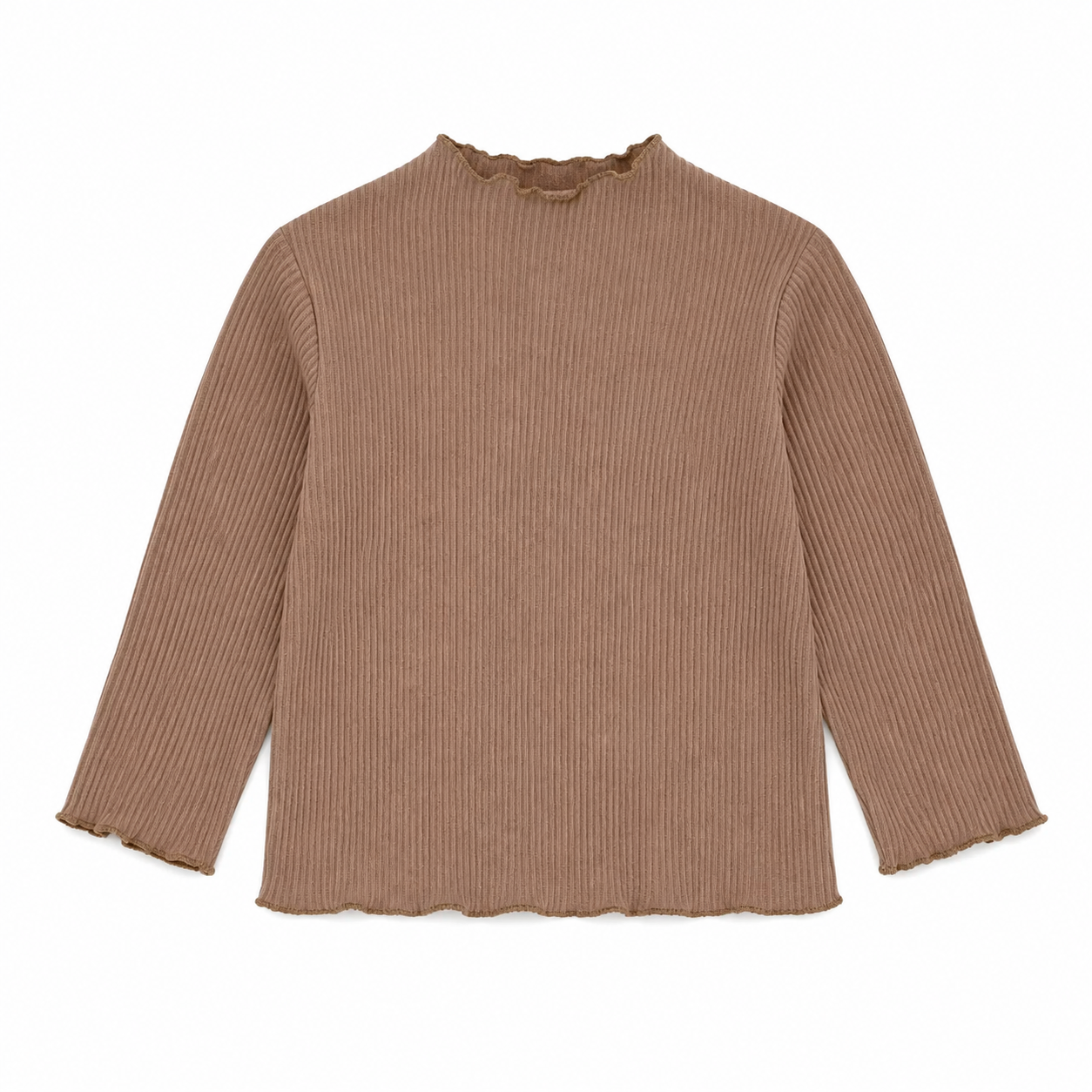 Front flat lay of the mocha girls ribbed long sleeve top with lettuce-edge trim.