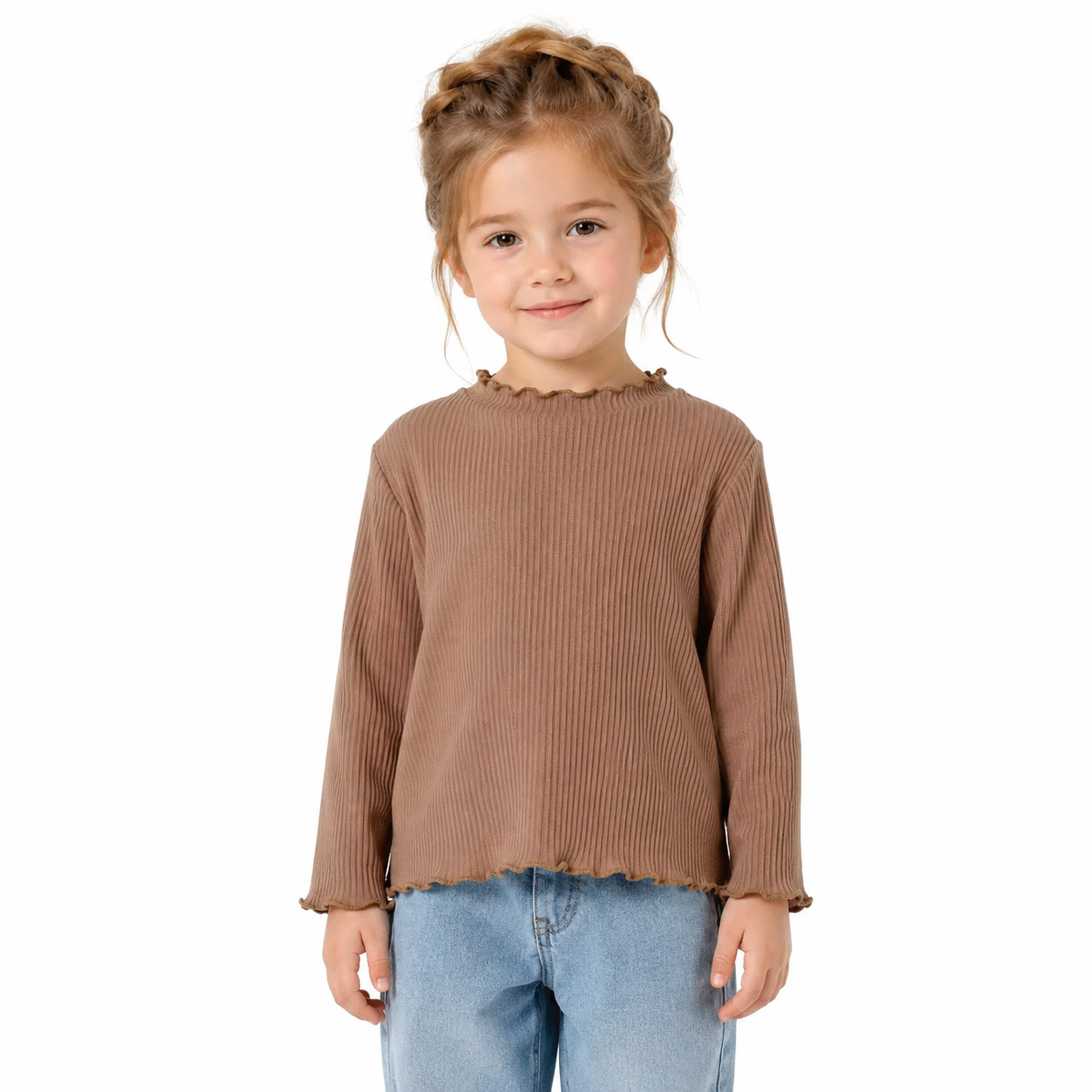 Girl model wearing the mocha ribbed long sleeve top with lettuce-edge trim.