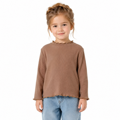 Girl model wearing the mocha ribbed long sleeve top with lettuce-edge trim.