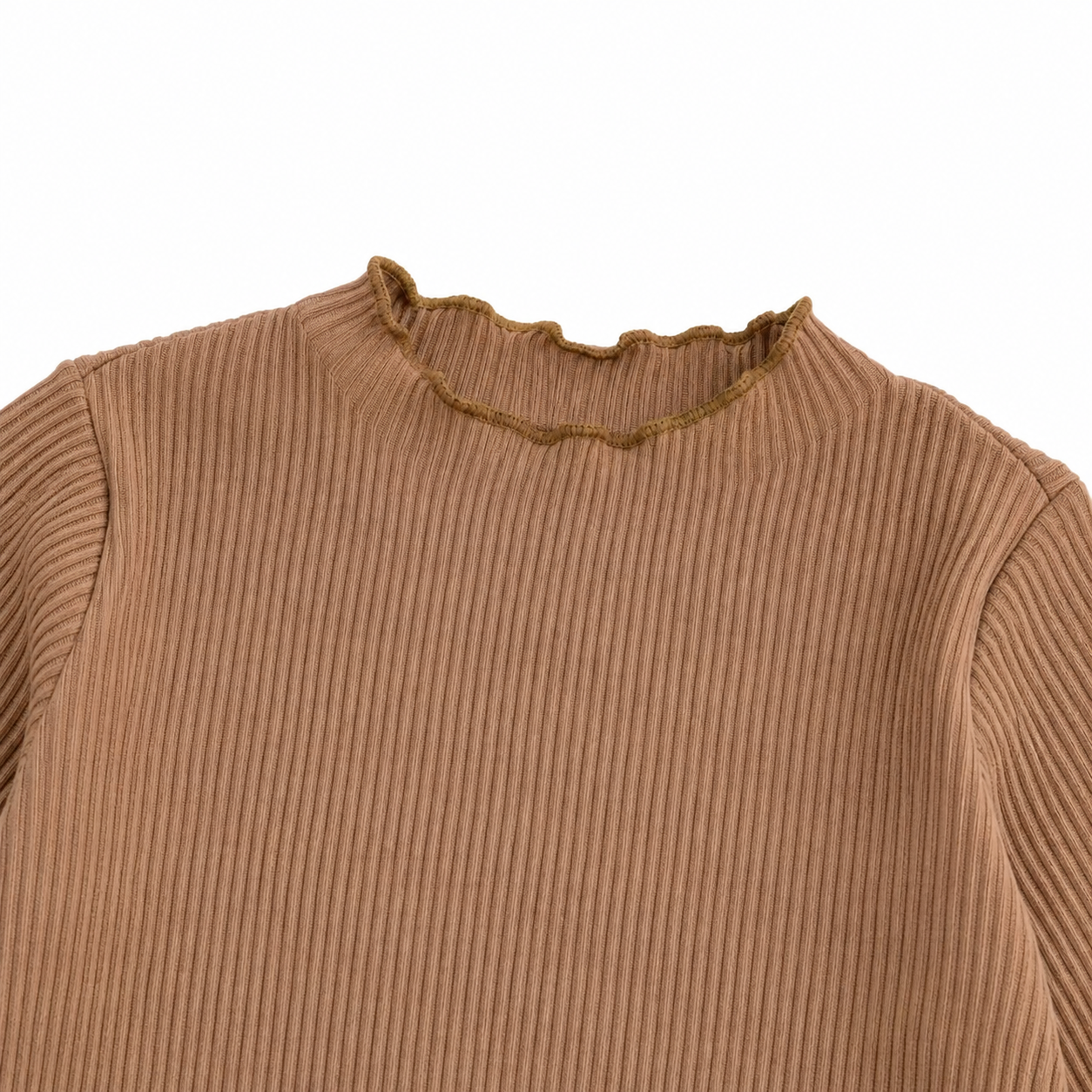 Close-up of the mocha ruffle-edge neckline and vertical ribbed texture.