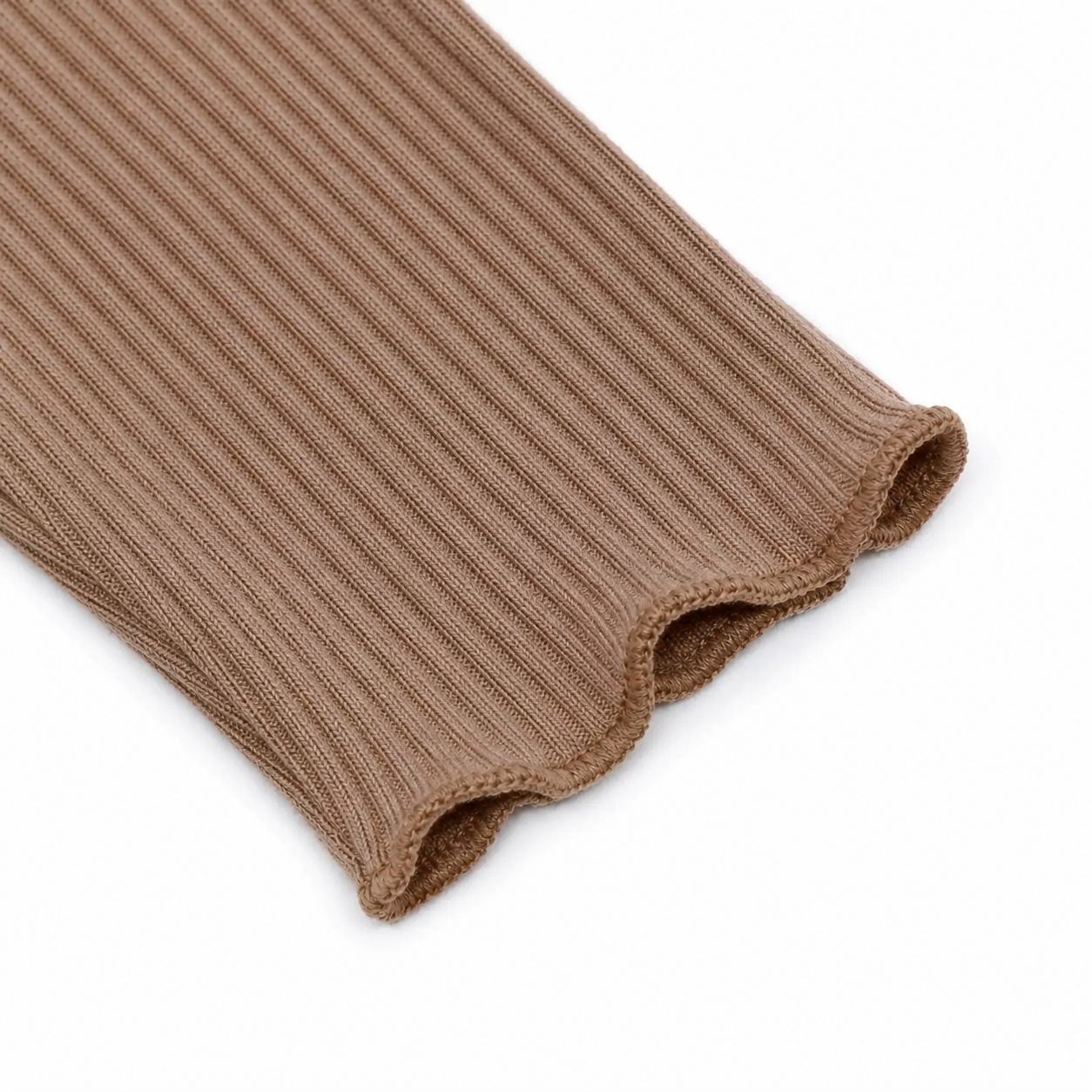 Close-up of the mocha long sleeve cuff with lettuce-edge finish.