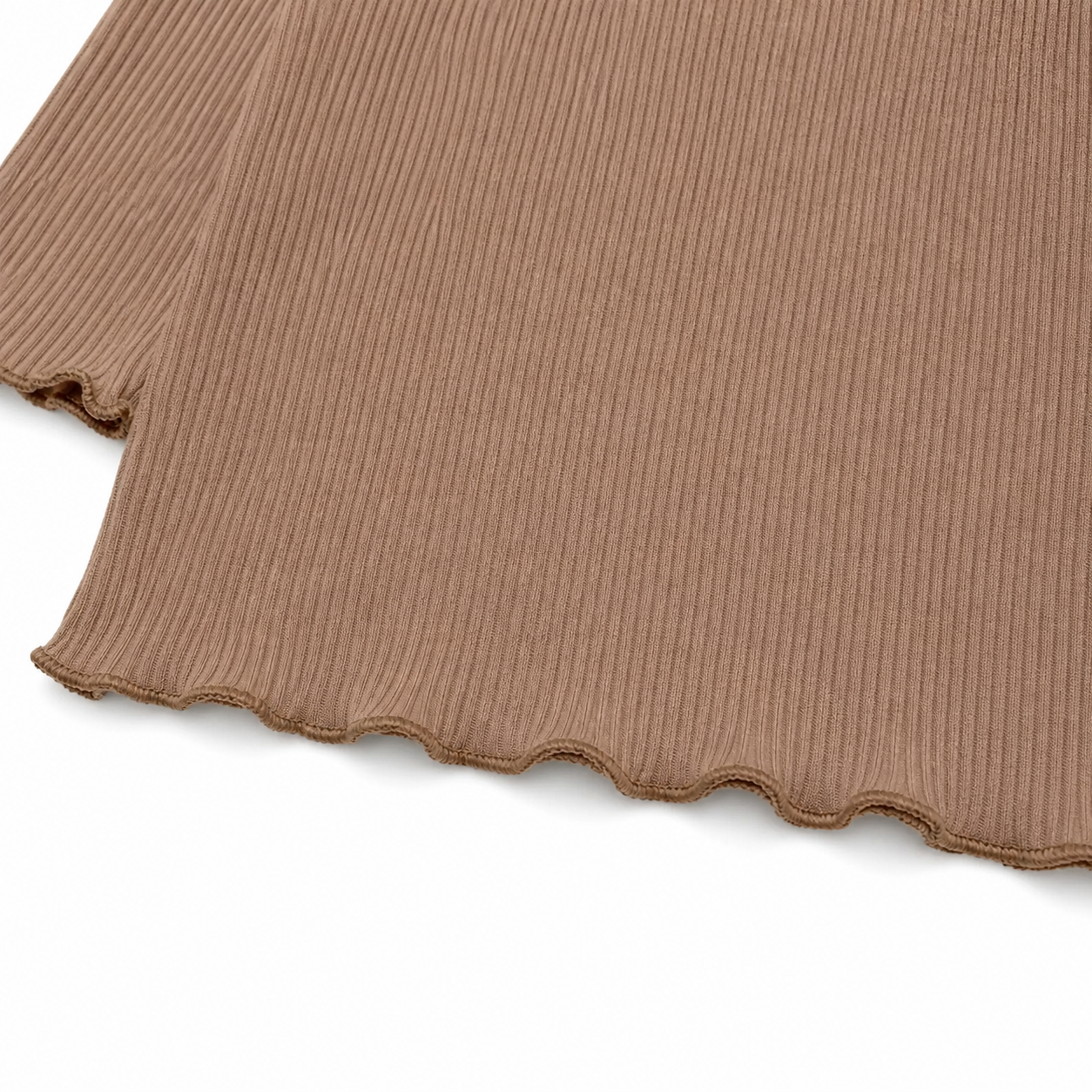 Close-up of the mocha lettuce-edge hem and ribbed knit detail.